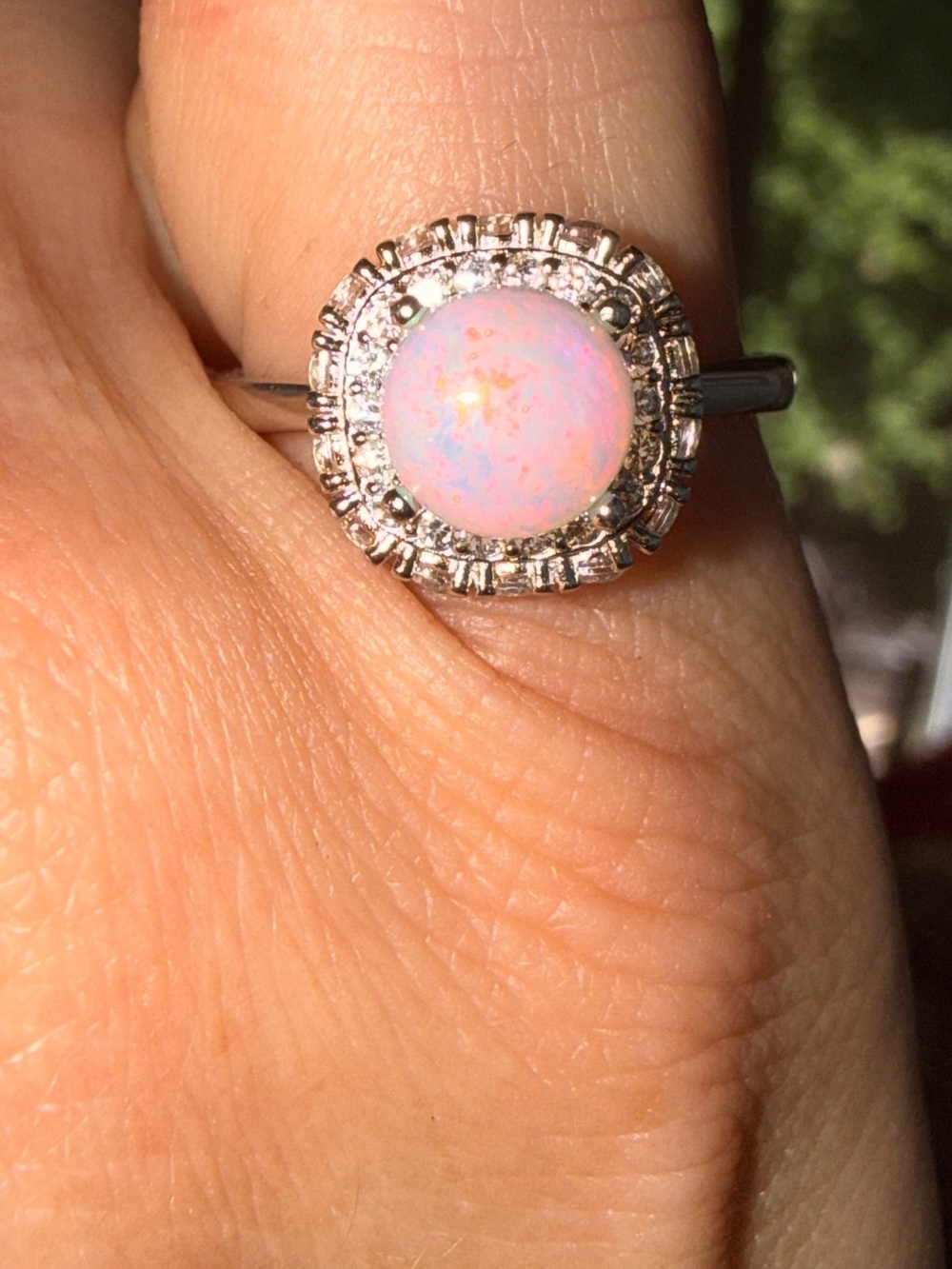 New✨ 14kt White Gold an Sterling Silver Natural Fire Opal Halo Ring Size 7